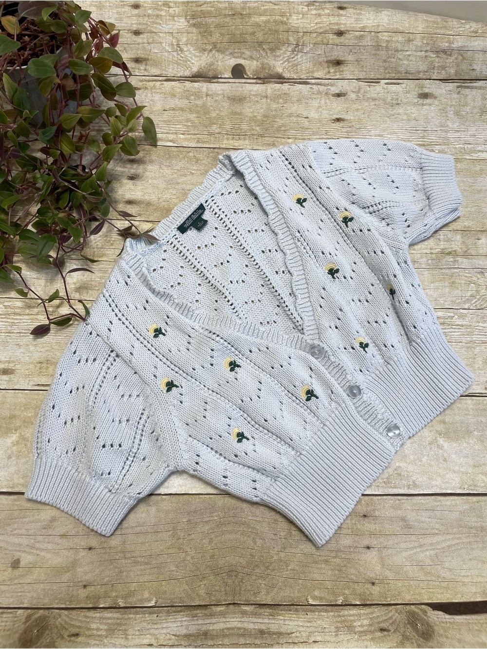 Light Blue Embroidered Short Sleeve Cropped Cardigan Sweater size S
